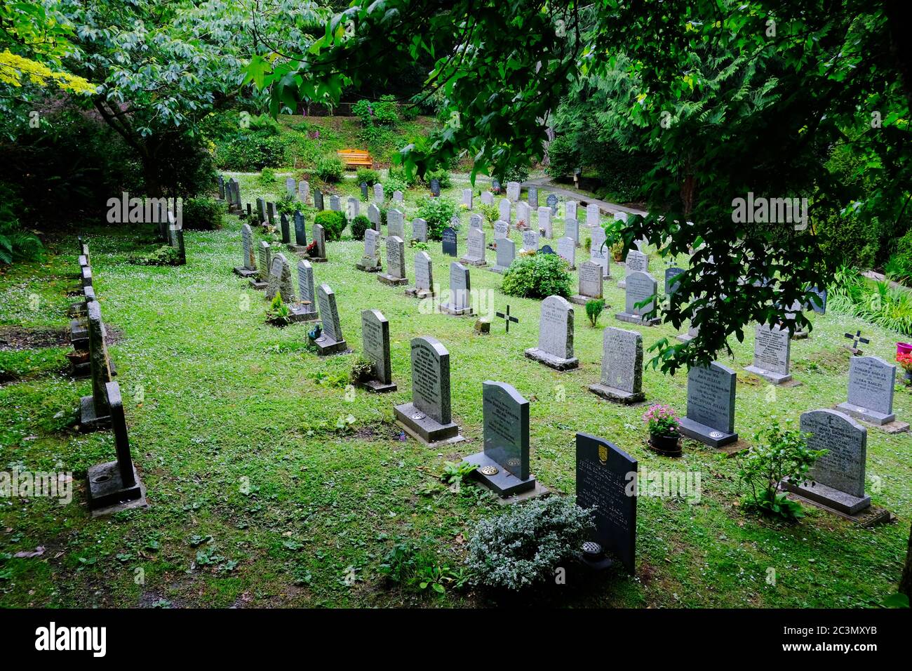 Der subtropische Friedhof in St. Just in Roseland Parish Church, Cornwall, Großbritannien - John Gollop Stockfoto