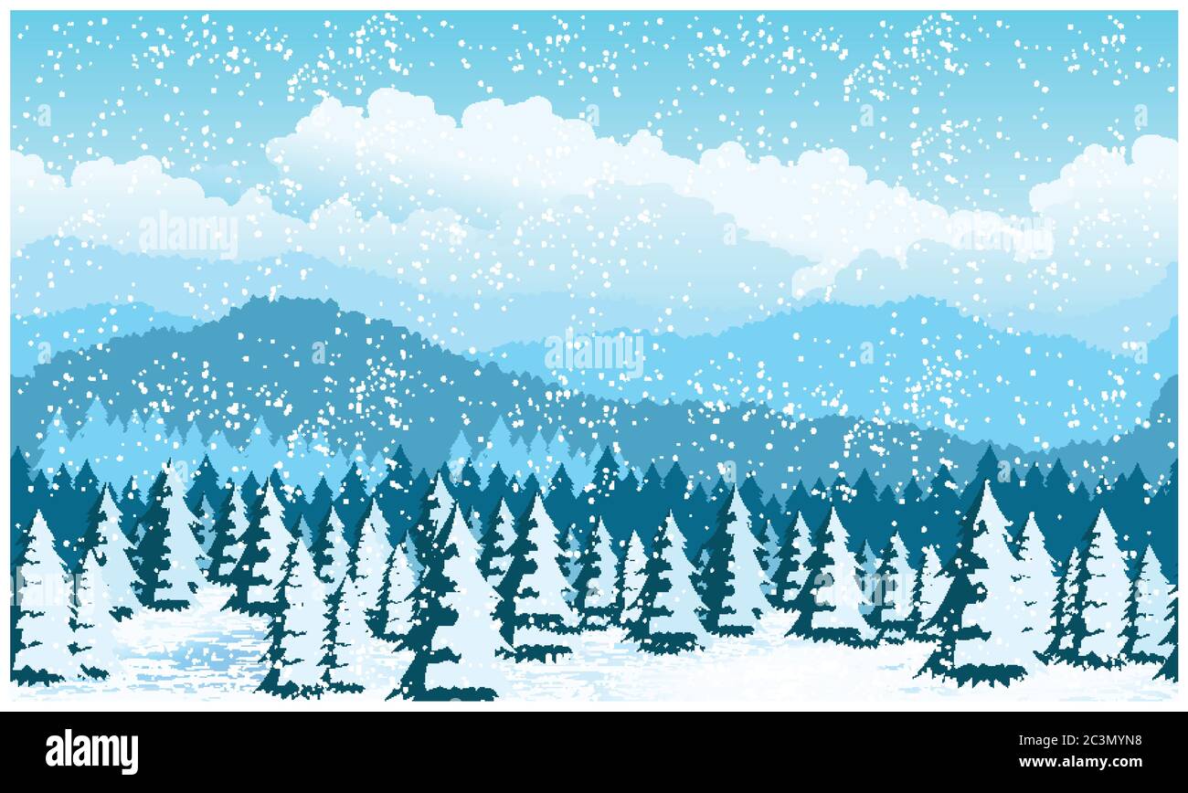 Stilisierte Vektordarstellung eines malerischen Waldes im Winter. Abbildung nahtlos horizontal, falls erforderlich Stock Vektor Stilisierte Vektordarstellung eines malerischen Waldes im Winter. Abbildung nahtlos horizontal, falls erforderlich Stock Vektor