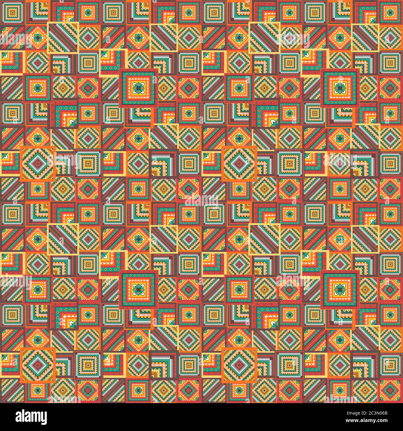 Boho Tribal-Muster im Patchmuster. Nahtloser Vektor. Traditioneller Druck für Textilien. Textur Hintergrund rot orange Stock Vektor