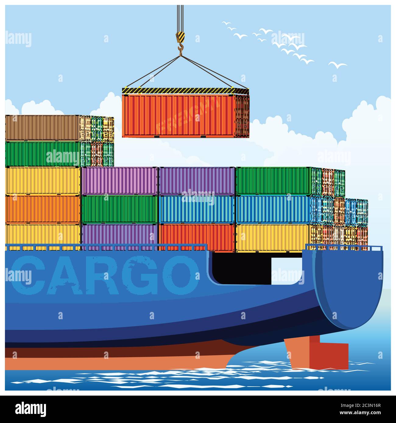 Stilisierte Vektordarstellung der Verladung von Containern auf einem Frachtschiff Stock Vektor