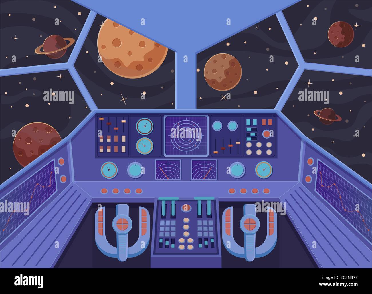 Raumschiff im Innenraum. Futuristischer Blick aus dem Cockpit von Sternzerstörer offenen Raum Planeten. Stock Vektor
