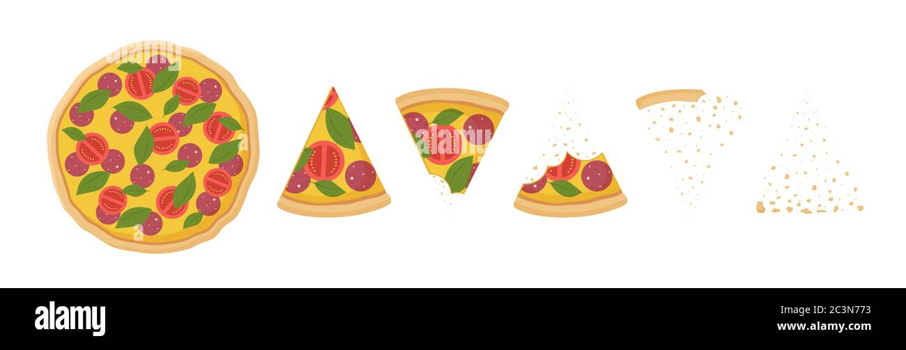 Schritt für Prozess Essen Pizza Illustration. Saftige Pepperoni mit Mozzarella, die von Stückchen Krümel gegessen werden. Stock Vektor