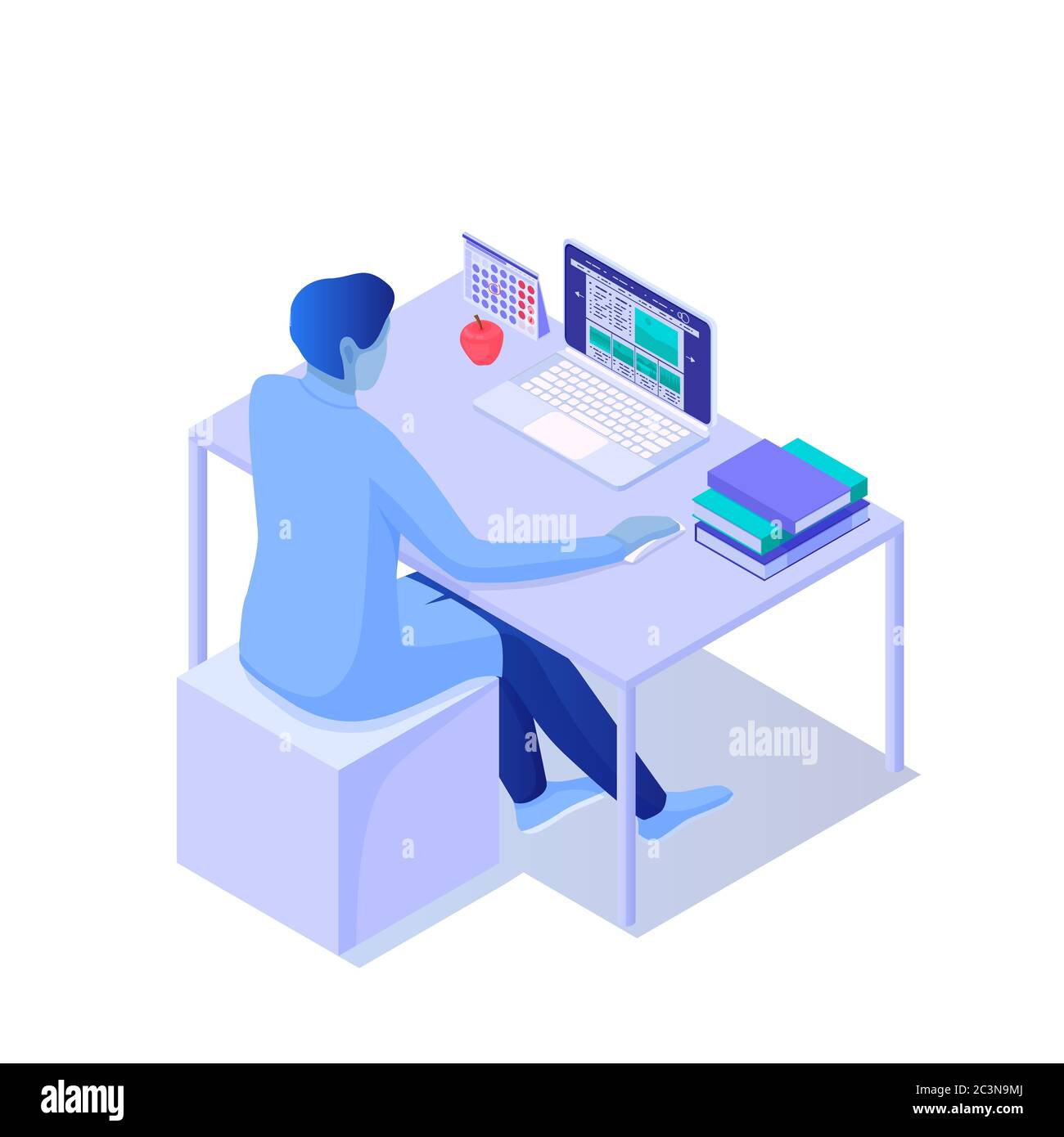 Mann sitzt auf dem Desktop mit Laptop isometrische Illustration. Zeichen hinter dem geöffneten Gerät verwenden. Stock Vektor