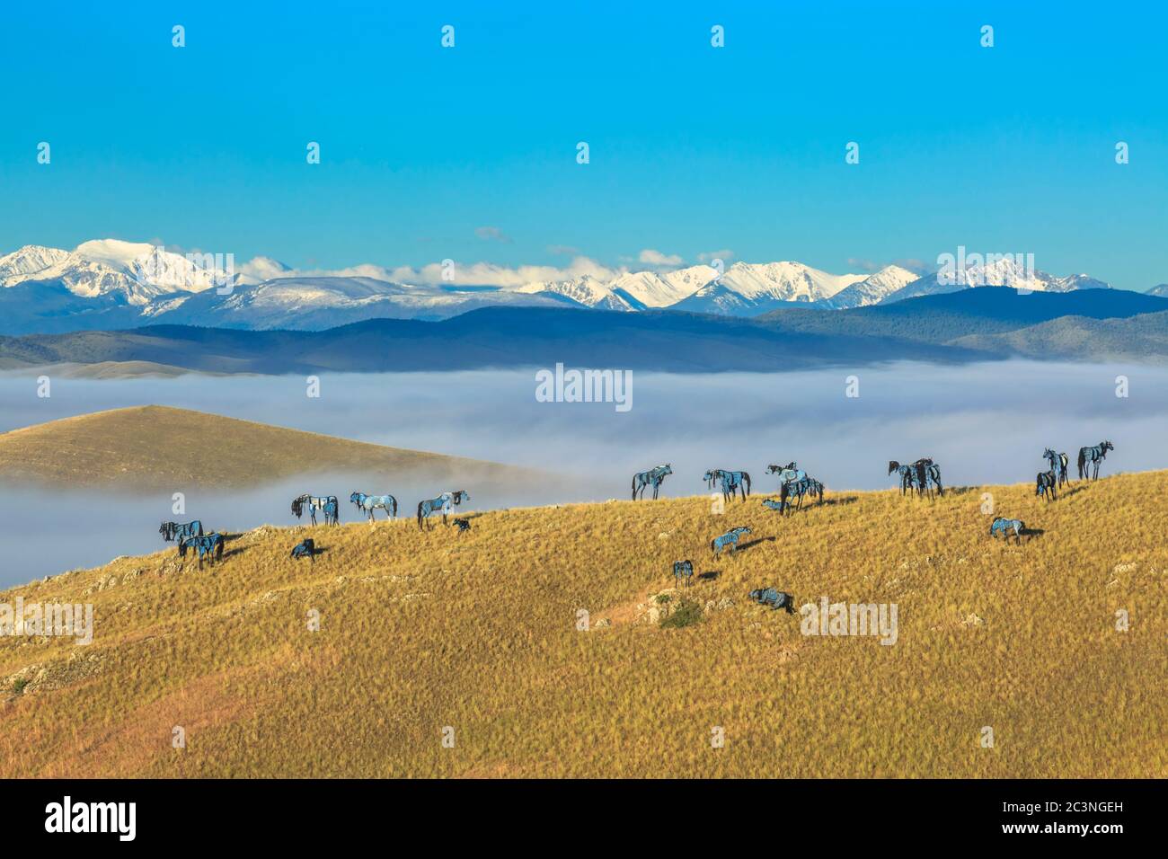 Pferdeskulpturen auf einem Hügel über Talnebel und den Tabakwurzelbergen in der Nähe von Three Forks, montana Stockfoto