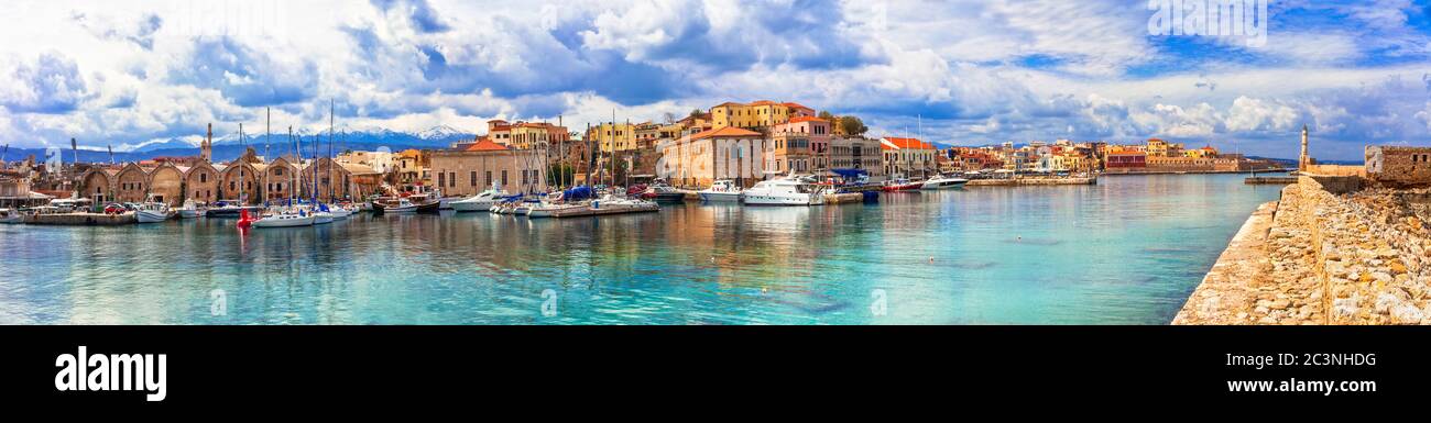 Kreta. Panorama der schönen Altstadt von Chania. Griechenland Reisen und Sehenswürdigkeiten Stockfoto