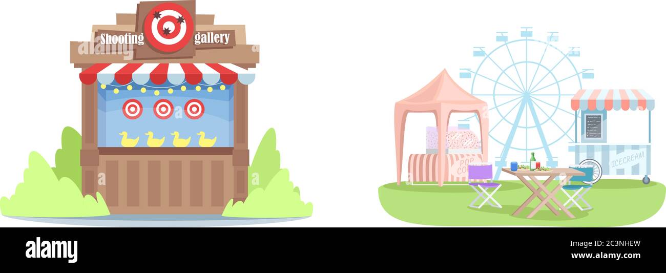 Vergnügungspark steht semi flach RGB Farbe Vektor Illustrationen Set Stock Vektor
