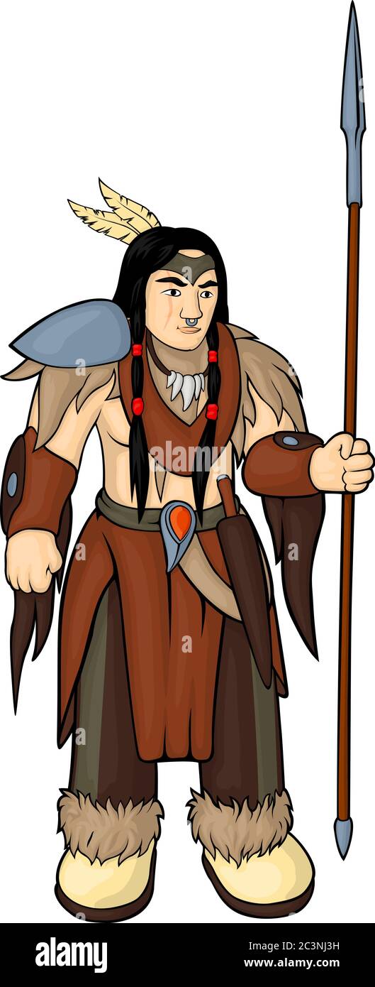 Cartoon Tribal Krieger mit Speer auf weißem Hintergrund Stock Vektor