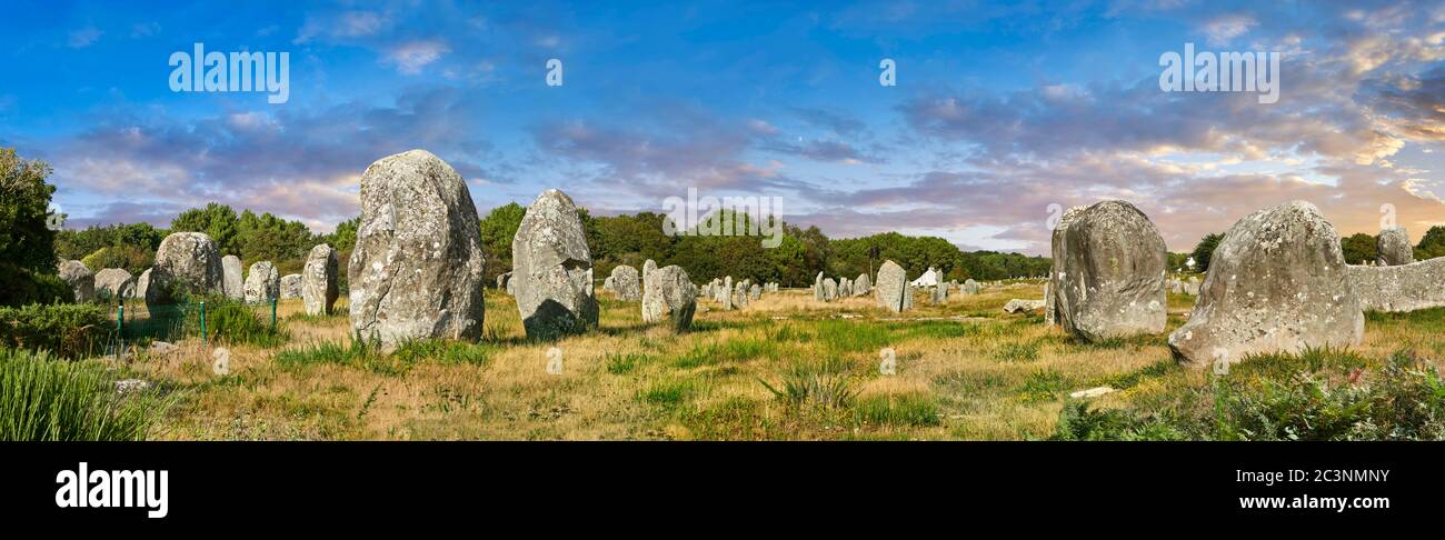 Ansicht von Carnac neolithischen stehenden Steinen Monaliths, Alignements du Kermario, eine vorkeltische Stätte von stehenden Steinen, die von 4500 bis 2000 v. Chr. verwendet wurden, ist Carnac Stockfoto