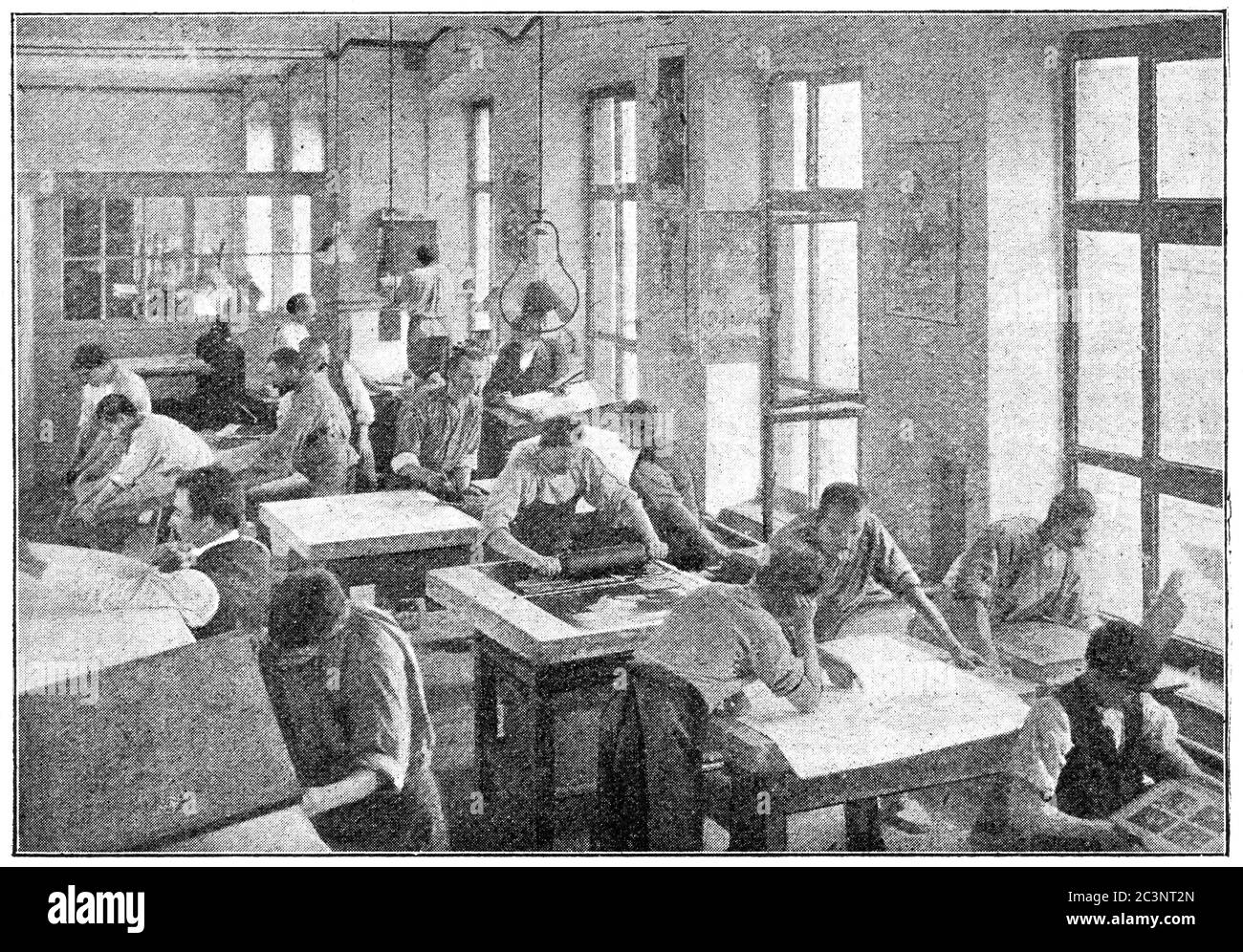 Druckmaschinen für Lithographie. Illustration des 19. Jahrhunderts. Weißer Hintergrund. Stockfoto