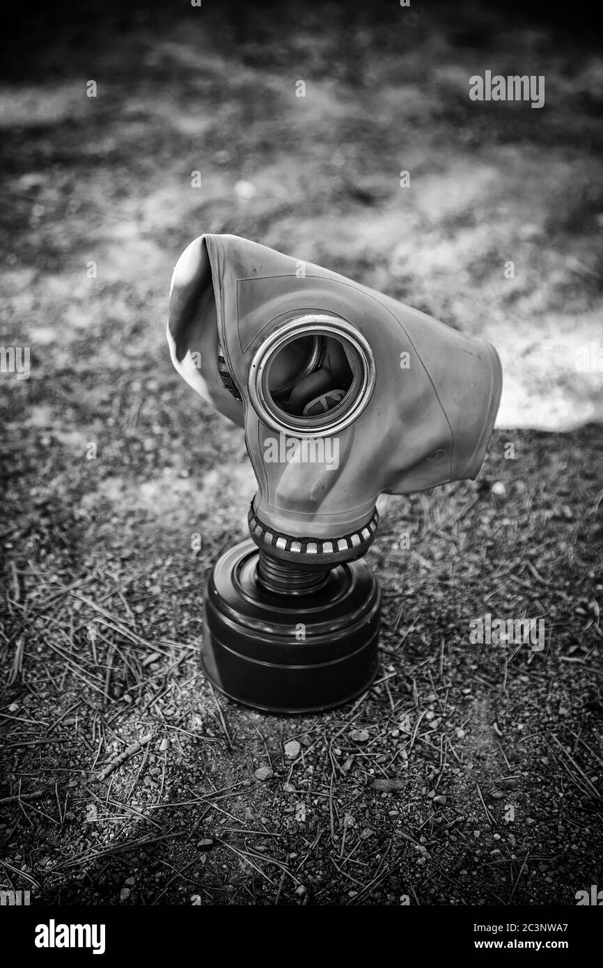 Gasmaske für Pandemie, Covid und Anthrax, bakteriologische Kriegsführung Stockfoto