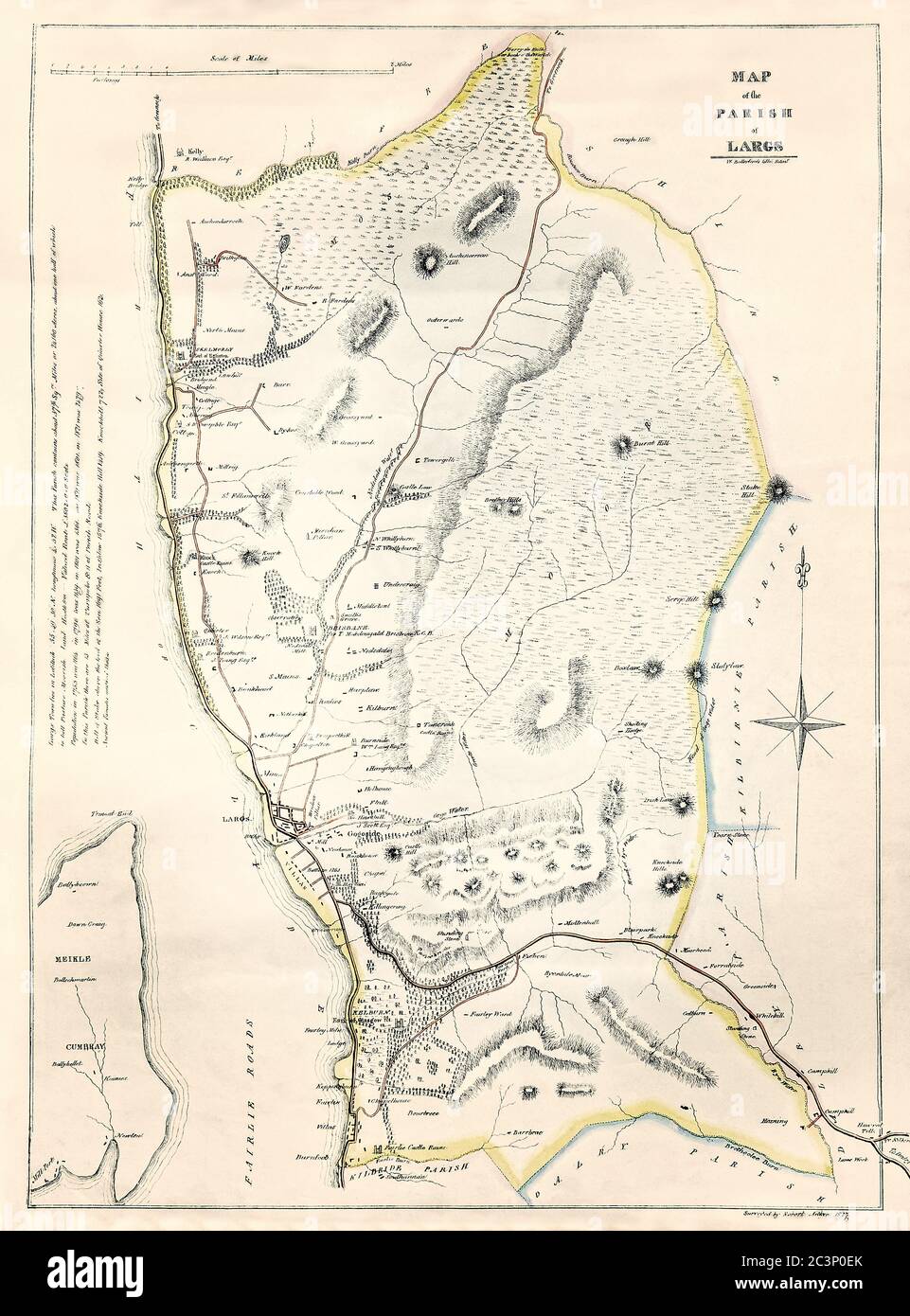 Historische Karte, datiert 1829, zeigt die Gemeinde Largs, Ayrshire, Schottland, einschließlich Details der Bevölkerung und Landbewertungen, Großbritannien Stockfoto