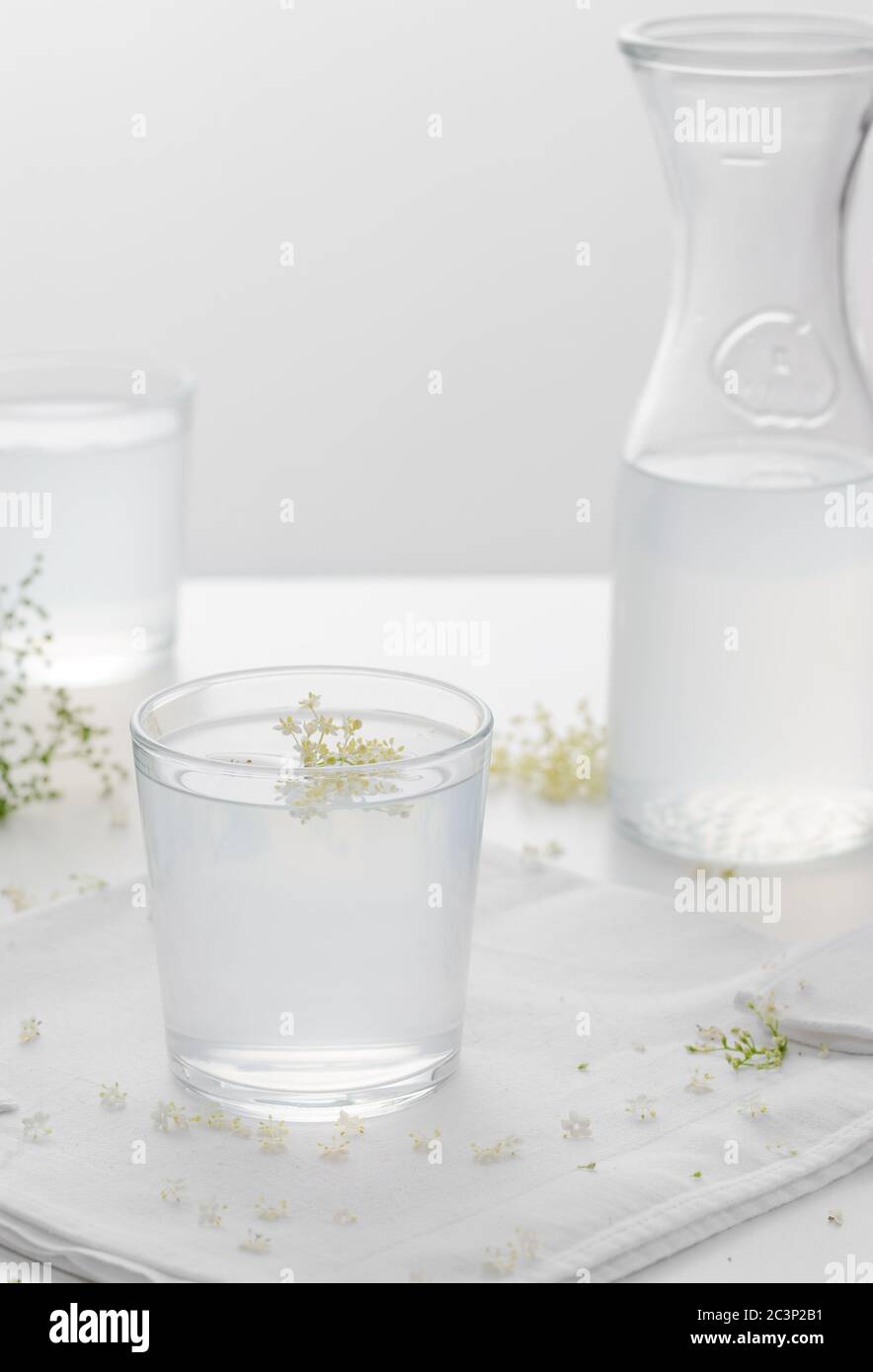 Holunderblüten trinken auf weißem Hintergrund. Vintage Blumen.Selektive Fokus.Vertacal Ausrichtung. Stockfoto