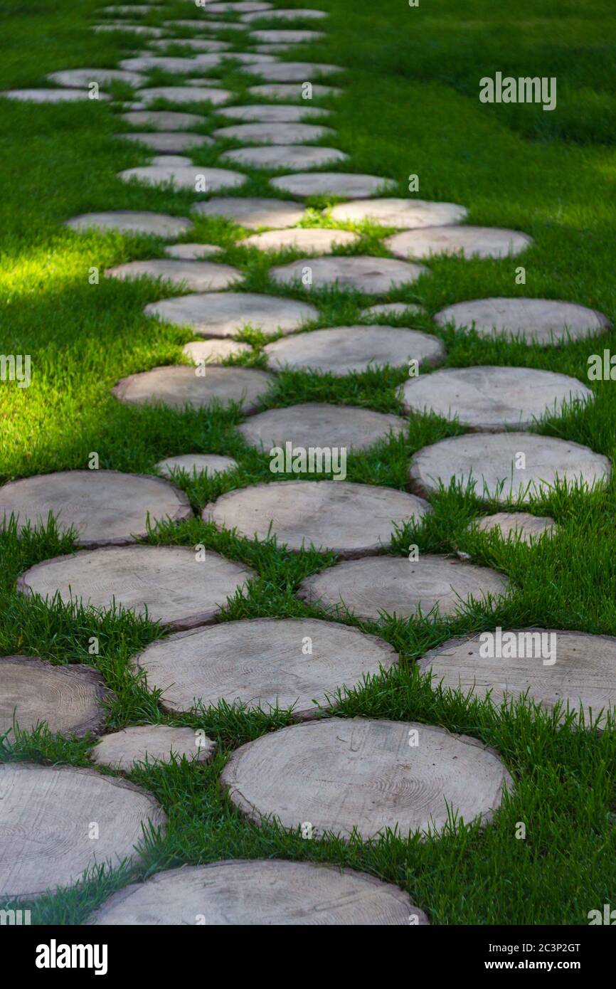 Runde Holzsteg auf Gras im Park, selektive Fokus Stockfoto