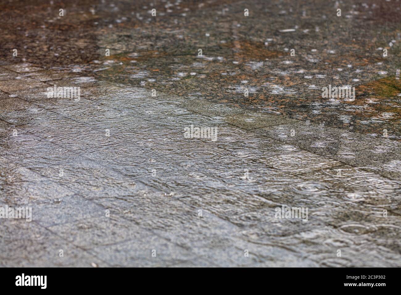 Heftiger Regen, große Tropfen bilden konzentrische Kreise auf der Wasseroberfläche und überfluten die Granitplatten auf dem Bürgersteig der Stadtstraße. Selektiver Fokus, Stockfoto