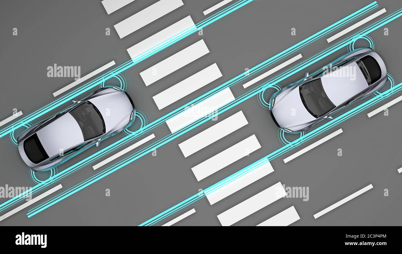 Fahrzeuge mit Sensoren vor Fußgängerüberwegen Draufsicht. 3d-Rendering Stockfoto