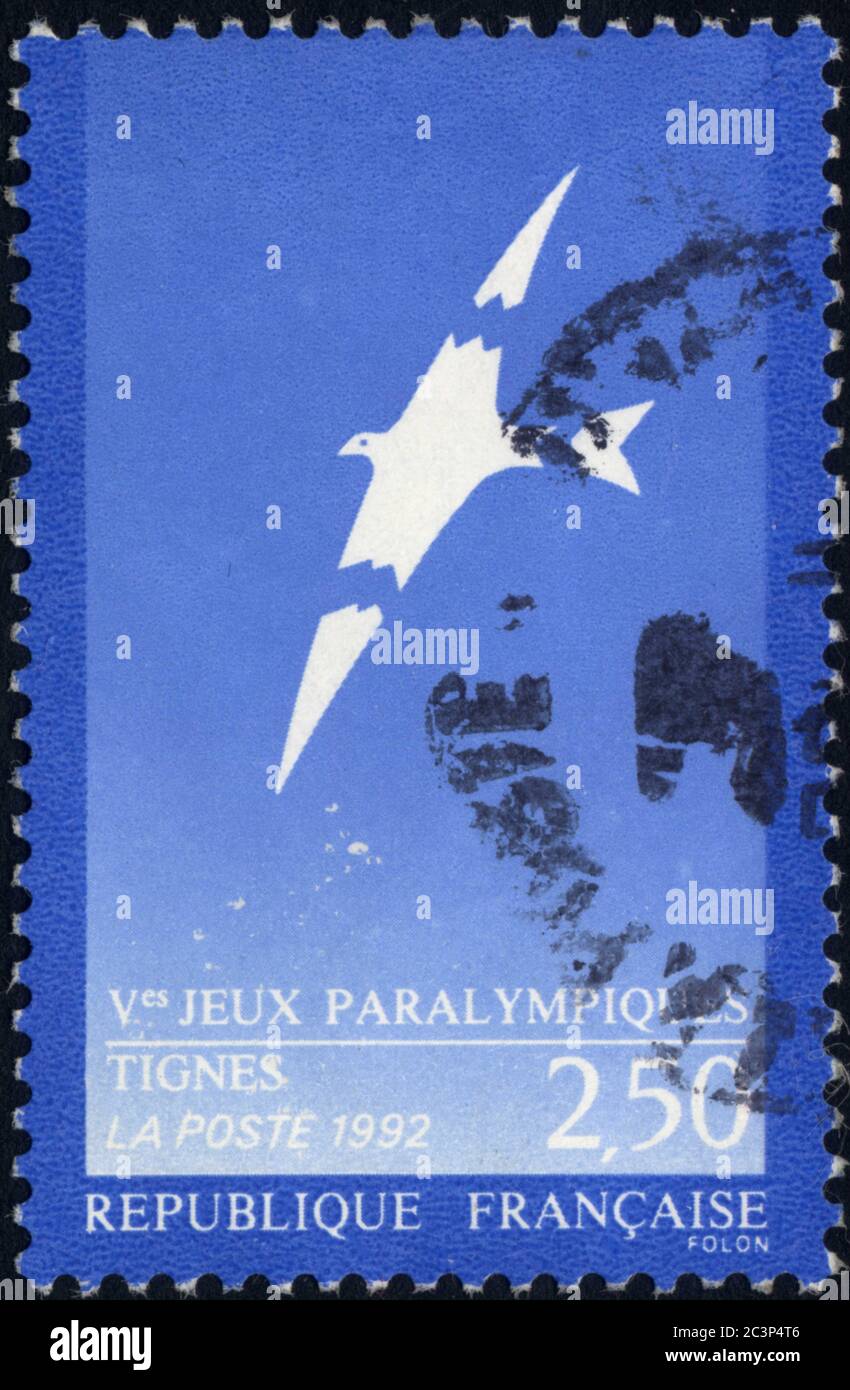 V es Jeux Paralympiques . Tignes. La Poste. 1992. 2,50. République Française. Stockfoto