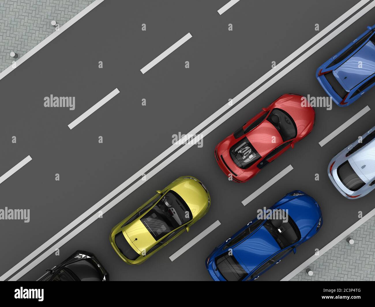 Straße mit Autos in einspuriger Draufsicht. 3D-Rendering Stockfoto