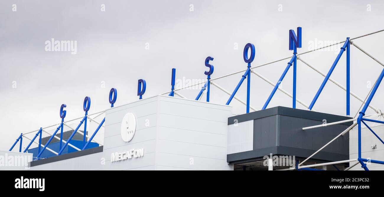 Ein Blick auf die Goodison-Formulierung auf der Spitze des Park End-Standes bei Everton FC, England, gesehen im Juni 2020. Stockfoto