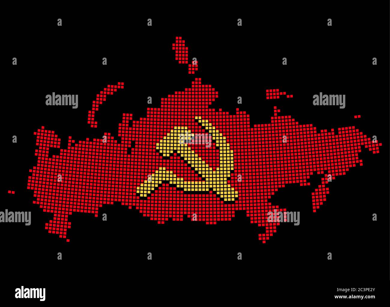 Stilisierte UdSSR-Karte mit Hammer und Sichel, kommunistisches Russland-Symbol. Pixel Art Stil Silhouette. Isolierte Vektordarstellung. Stock Vektor