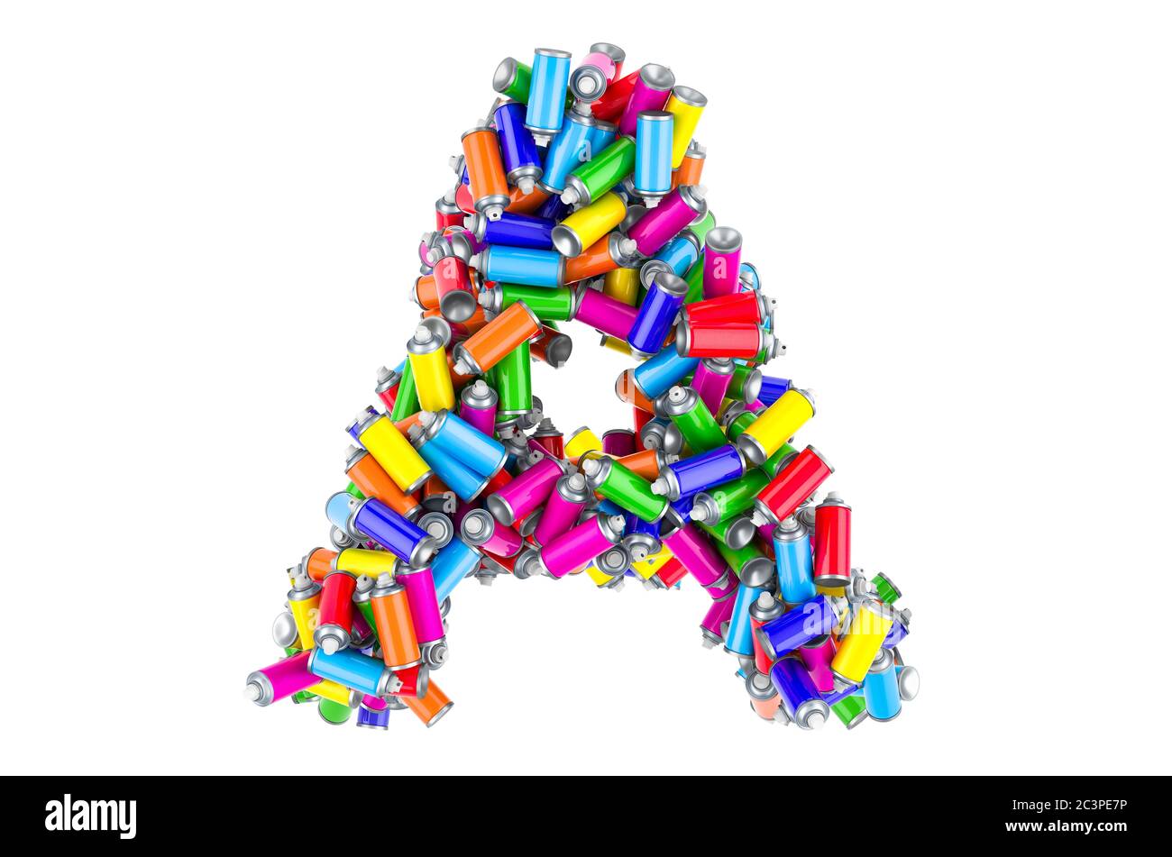 Buchstabe A aus farbigen Sprühdosen, 3D-Rendering isoliert auf weißem Hintergrund Stockfoto