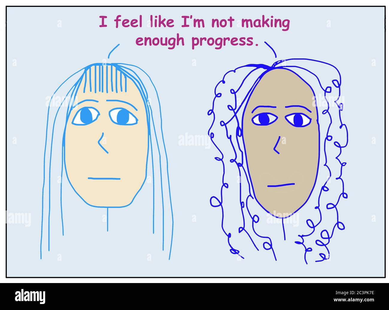 Farbige Karikatur von zwei betroffenen, ethnisch verschiedenen Frauen srtating Ich fühle mich, als ob ich nicht genug Fortschritte machen. Stockfoto