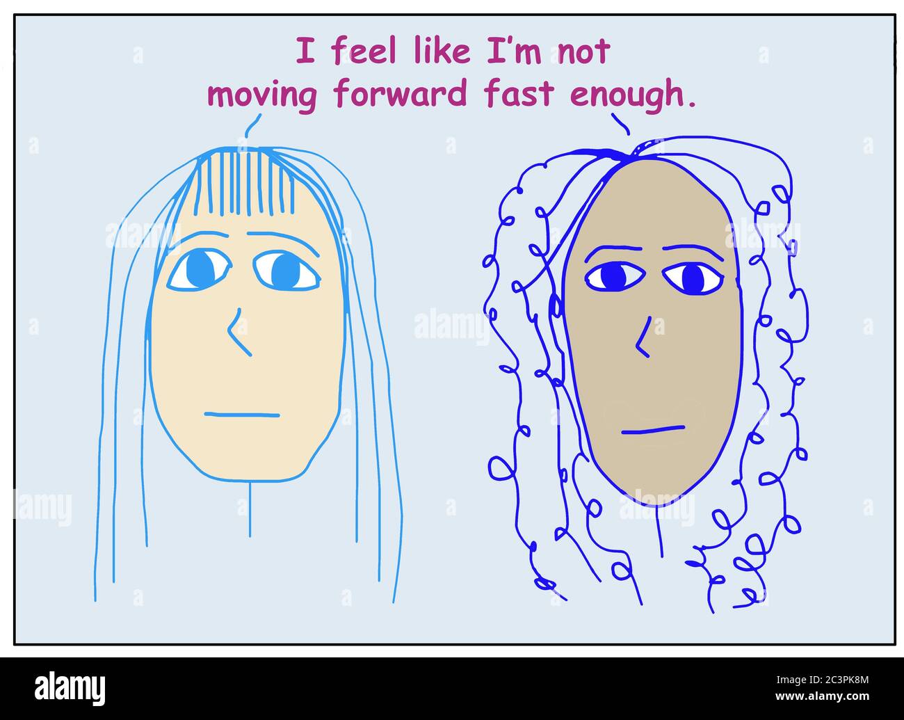 Farbige Karikatur von zwei betroffenen, ethnisch verschiedenen Frauen, die sagen, ich fühle mich, als ob ich nicht schnell genug vorwärts komme. Stockfoto
