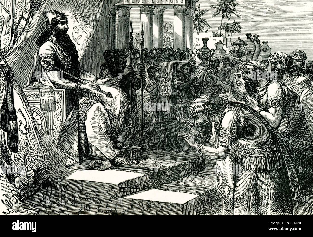 Tghis Illustration zeigt Xerxes bei Abydos giivng Befehle für seine Armee über den Hellespont am folgenden Tag zu verlassen. Xerxes und seine riesige Armee waren von Sardes nach Abydos marschiert, dann ein wichtiger Hafen auf dem Hellespont, wo er zwei Brücken gebaut hatte, um seine Armee über den Körper des Wassers zu führen, aber sie wurden durch einen Sturm zerstört, bevor die Armee ankam. 480 v. Chr., in der Zeit der sogenannten Perserkriege, besiegte die griechische Flotte die Perser unter König Xerxes auf Salamis, einer Insel im Golf von Ägina in Ostgriechenland. Unter den griechischen Führern war Themistocles. Stockfoto