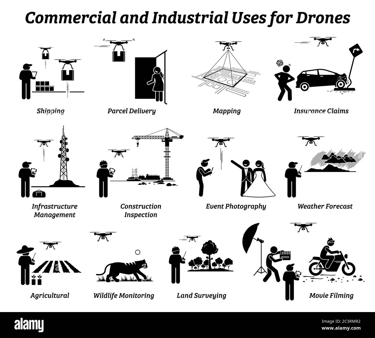Drohneneinsatz und Anwendungen für gewerbliche und industrielle Arbeiten. Vektor-Symbole von Drohnen verwendet auf Versand, Lieferung, Mapping, Infrastruktur, konstruieren Stock Vektor