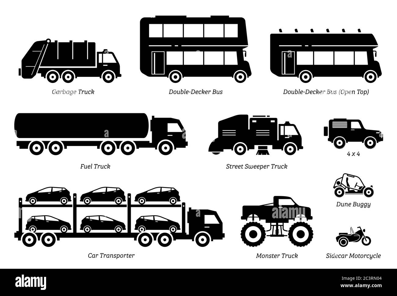 Liste der Symbole für Sonderfahrzeuge. Seitenansicht Kunstwerk von Müllwagen, Doppeldeckerbus, Kraftstoff-LKW, Straße Kehrmaschine, 4wd, Autotransporter, Mo Stock Vektor