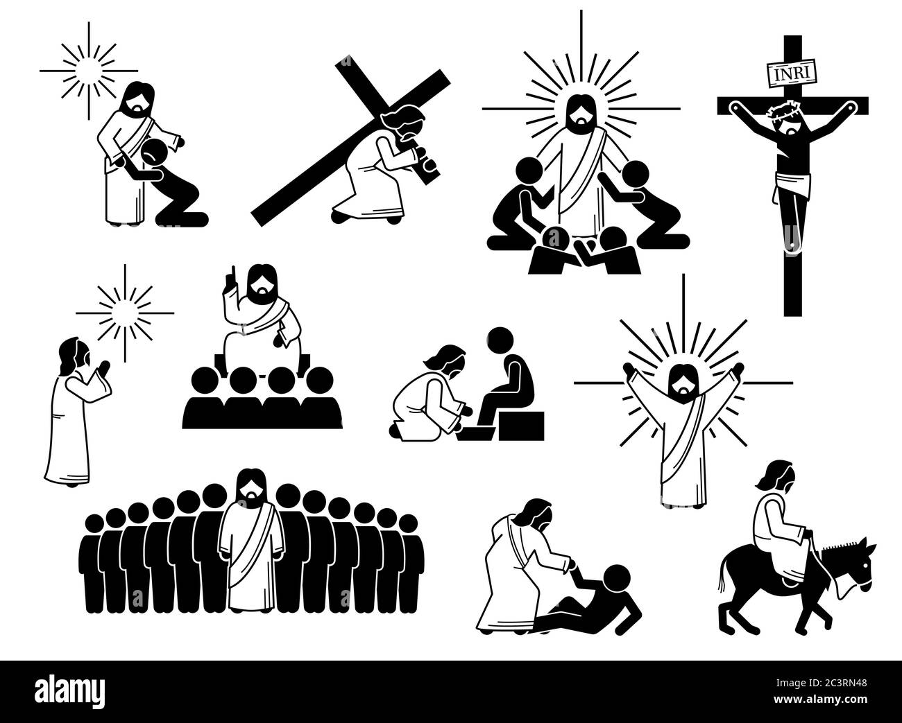 Jesus Christus Stick Figur, Ikonen und Piktogramm. Illustrationen von Jesus Christus mit Menschen, Kreuz, Kreuzigung, Beten, Anbetung, Opfer, Lehre d Stock Vektor