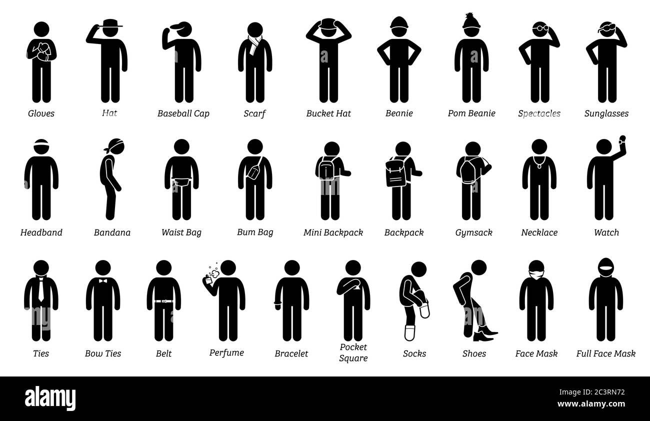 Mann Männer tragen Körper Mode Accessoires. Vektor-Kunstwerk von Menschen tragen verschiedene Art von Mode Accessoire Stil und Design für Männer. Stock Vektor