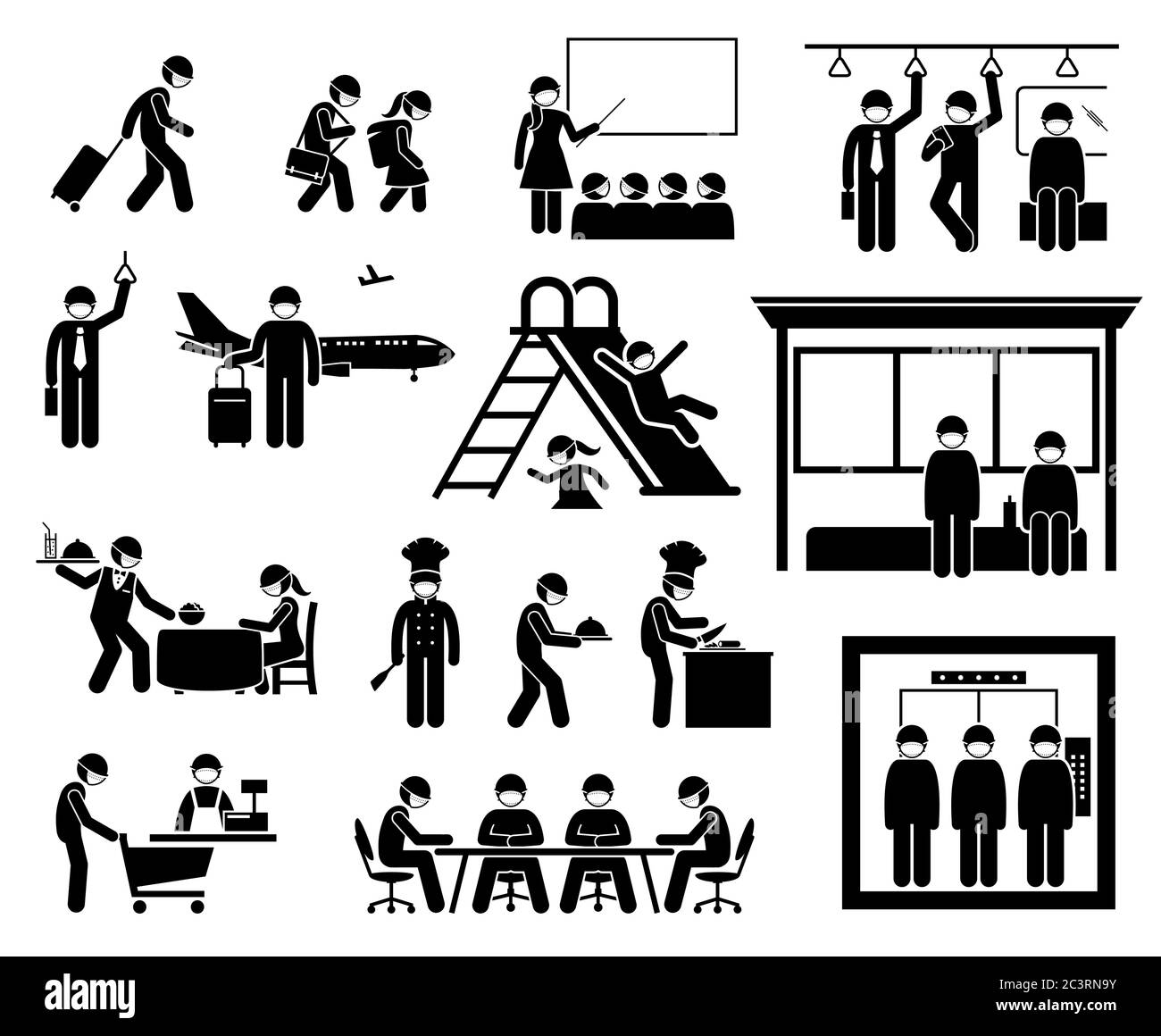 Menschen tragen chirurgische Maske an verschiedenen Orten, um vor Virus, Grippe, Coronavirus und Grippe zu schützen. Vektor-Kunstwerk von Reisenden, Schulkinder, Stock Vektor