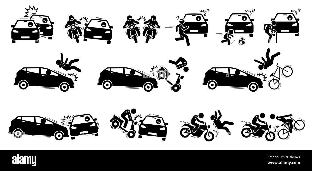 Symbole für Verkehrsunfälle und Autounfälle. Vektor-Kunstwerk von Straßenfahrzeug Unfall zwischen Auto, Motorrad, Fahrrad, Menschen, Fußgänger, Jogger, Kind und el Stock Vektor