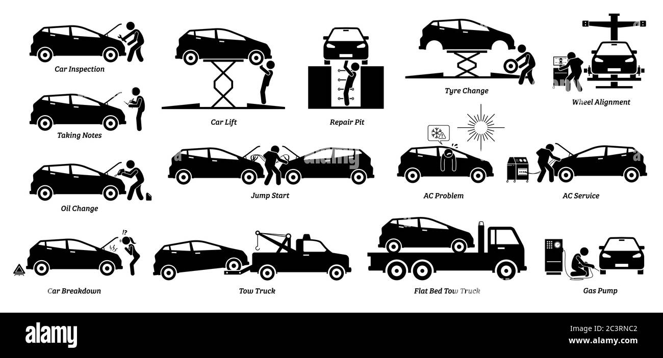 Autowerkstatt. auto wurde in der garage repariert. mechaniker in uniform  überprüfen ein fahrzeug und reparieren es. richten und autobeulen. flache  vektorillustration.