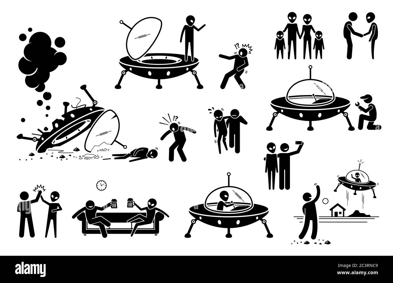 Alien UFO und Mensch ersten Kontakt und Freund werden. Vektor-Illustration von außerirdischen UFO Ankunft auf dem Planeten Erde und Absturz des Raumschiffs. Mann Rettung al Stock Vektor