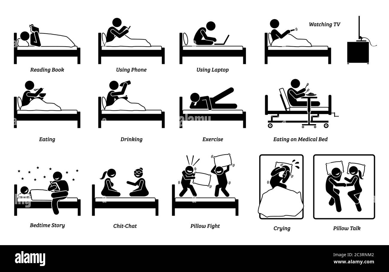 Dinge, die die Leute auf dem Bett im Schlafzimmer tun. Vektor der Person Buch lesen, mit Telefon, Arbeit mit Laptop, Fernsehen, Essen, Trinken ex Stock Vektor