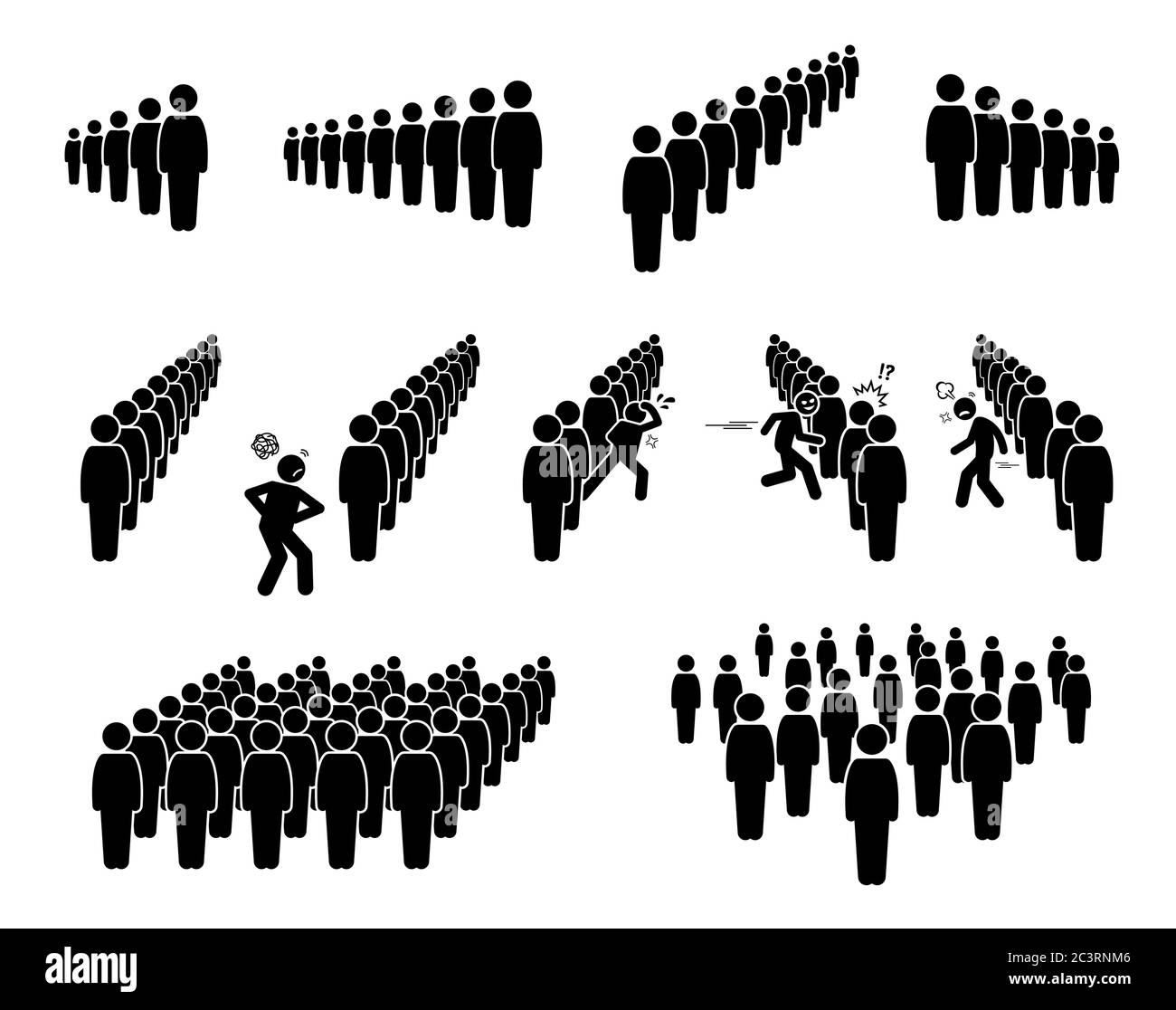 Die Leute stehen Schlange und stehen an. Vektor-Grafik der Menge Schlange warten ihre Umdrehungen. Eine Person wird ungeduldig und schneidet die Linie. Etwas Masse Stock Vektor