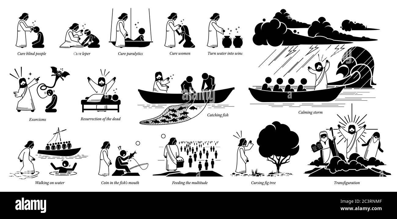 Wunder von Jesus Christus Ikonen Piktogramm. Strichfigur von Jesus Christus, der blind, Frau heilt, Wasser in Wein verwandelt, Exorzismus, Auferstehung, Fische fängt, Stock Vektor