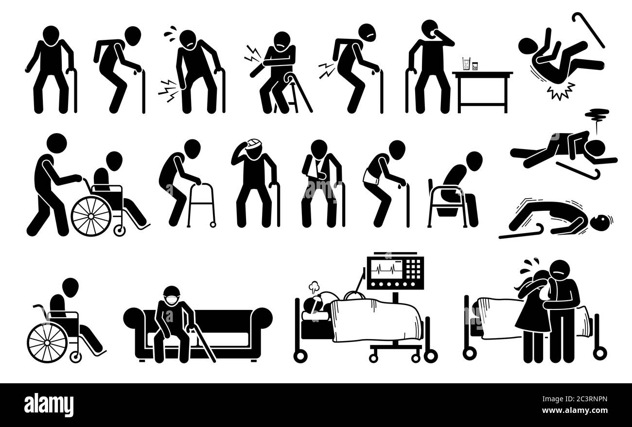 Verletzte alte Mann mit Körperschmerzen und Gelenkschmerzen. Vektor-Illustrationen von älteren Männern mit Verletzungen mit Rollstuhl, Verband Gips für gebrochenen Knochen gegossen. Stock Vektor