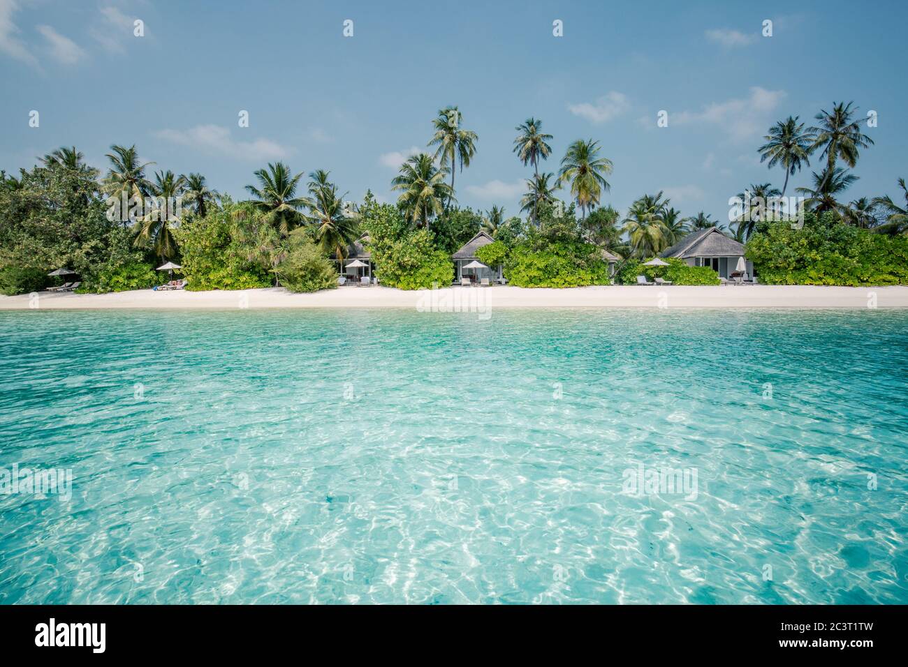 Wunderschönes Banner mit tropischer Strandlandschaft. Weißer Sand und Kokopalmen breites Panorama Hintergrund Konzept. Tolle Strandszene für Sommerferien Stockfoto
