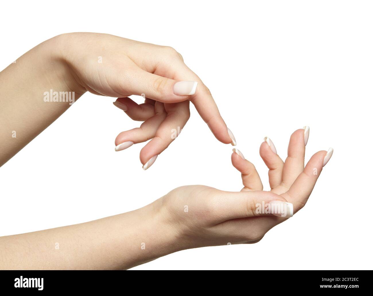 Weibliche Hände mit Frau professionelle natürliche perfekte französisch Nägel Maniküre auf weißem Hintergrund isoliert Stockfoto