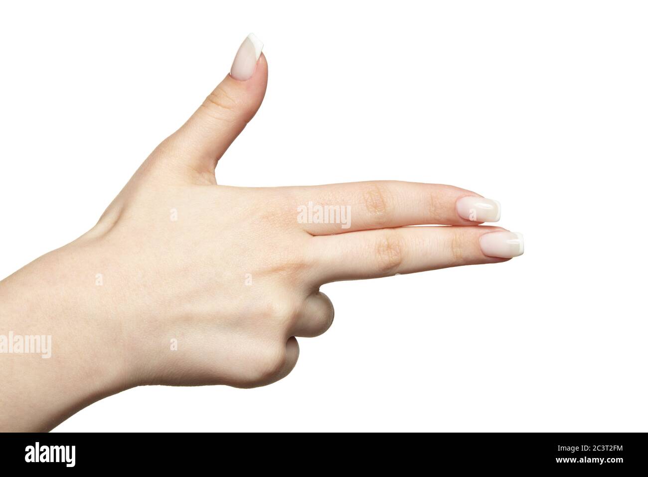 Weibliche Hand mit Frau professionelle natürliche perfekte französisch Nägel Maniküre auf weißem Hintergrund isoliert. Finger in Form einer Pistole. Stockfoto