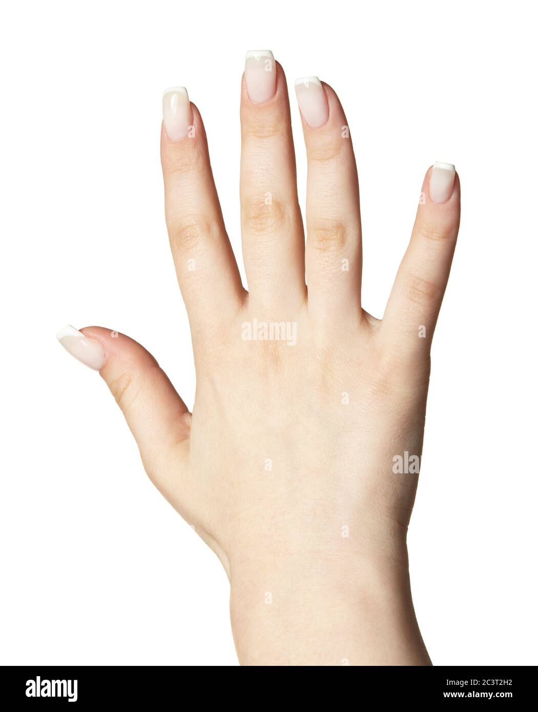 Weibliche Hand mit Frau professionelle natürliche perfekte französisch Nägel Maniküre auf weißem Hintergrund isoliert Stockfoto