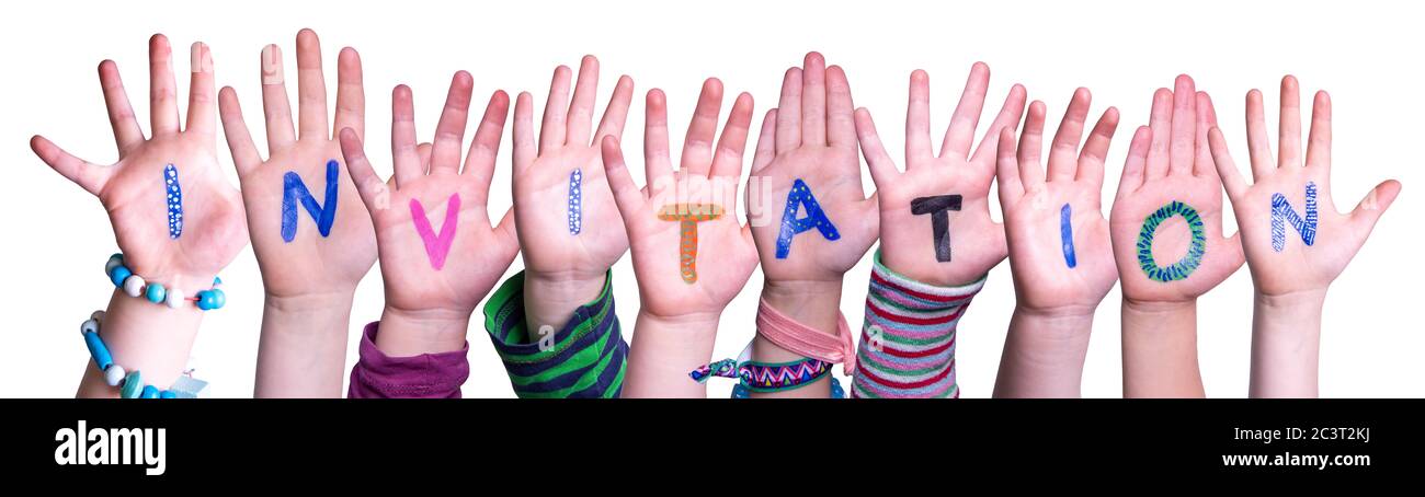 Kinder Hände Gebäude Word Einladung, Isolierte Hintergrund Stockfoto