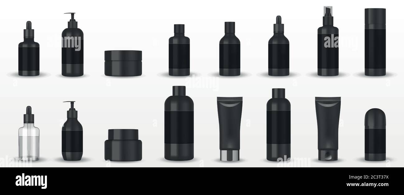 Realistische blanke schwarze Kosmetikröhrchen isoliert. Mockup kosmetische Behälter Handcreme, Shampoo, Flüssigseifenpumpe, Spray, Öl, Gel, Lotion Flasche Stock Vektor