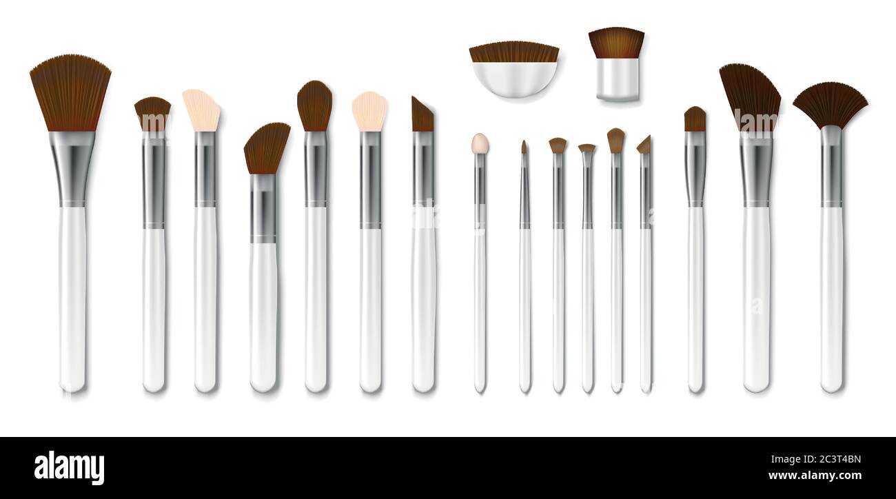 Set von professionellen weißen Make-up-Bürsten isoliert. Realistisches Puderröten, Lidschatten, Pinsel oder Brow. 3d-Vektordarstellung Stock Vektor