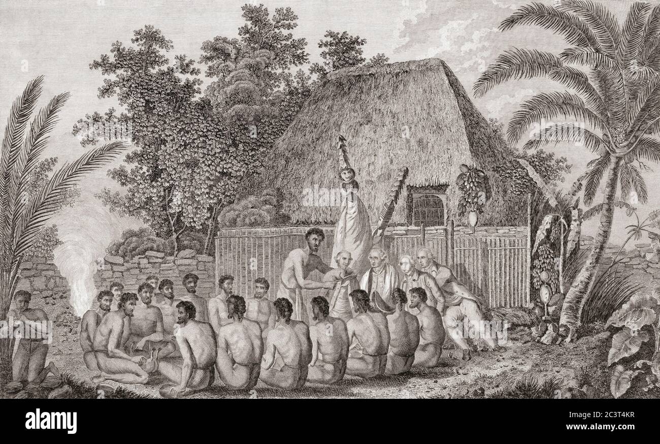 Sandwich Islanders machen Angebote an Kapitän James Cook im Januar 1778. Die Sandwichinseln sind heute als die Hawaiianischen Inseln bekannt. Aus einem Stich von Robert Benard aus dem 18. Jahrhundert nach einem Werk von John Webber. Stockfoto