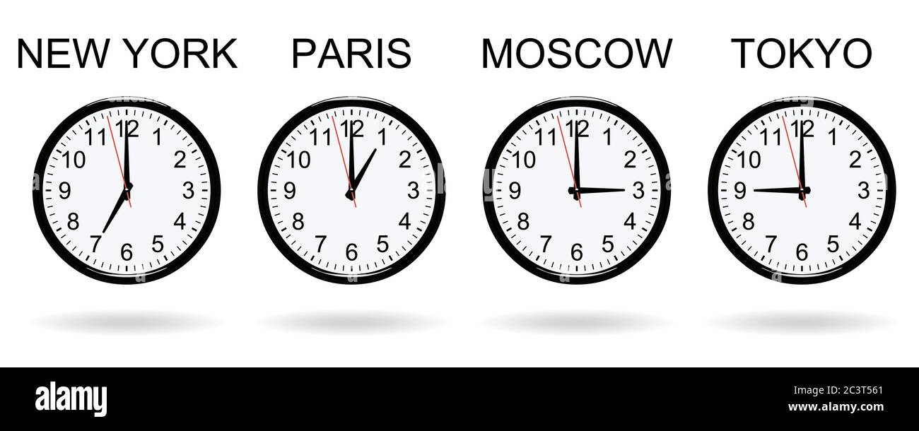 Uhren zu verschiedenen Zeiten, New York, Paris, Moskau und Tokio auf