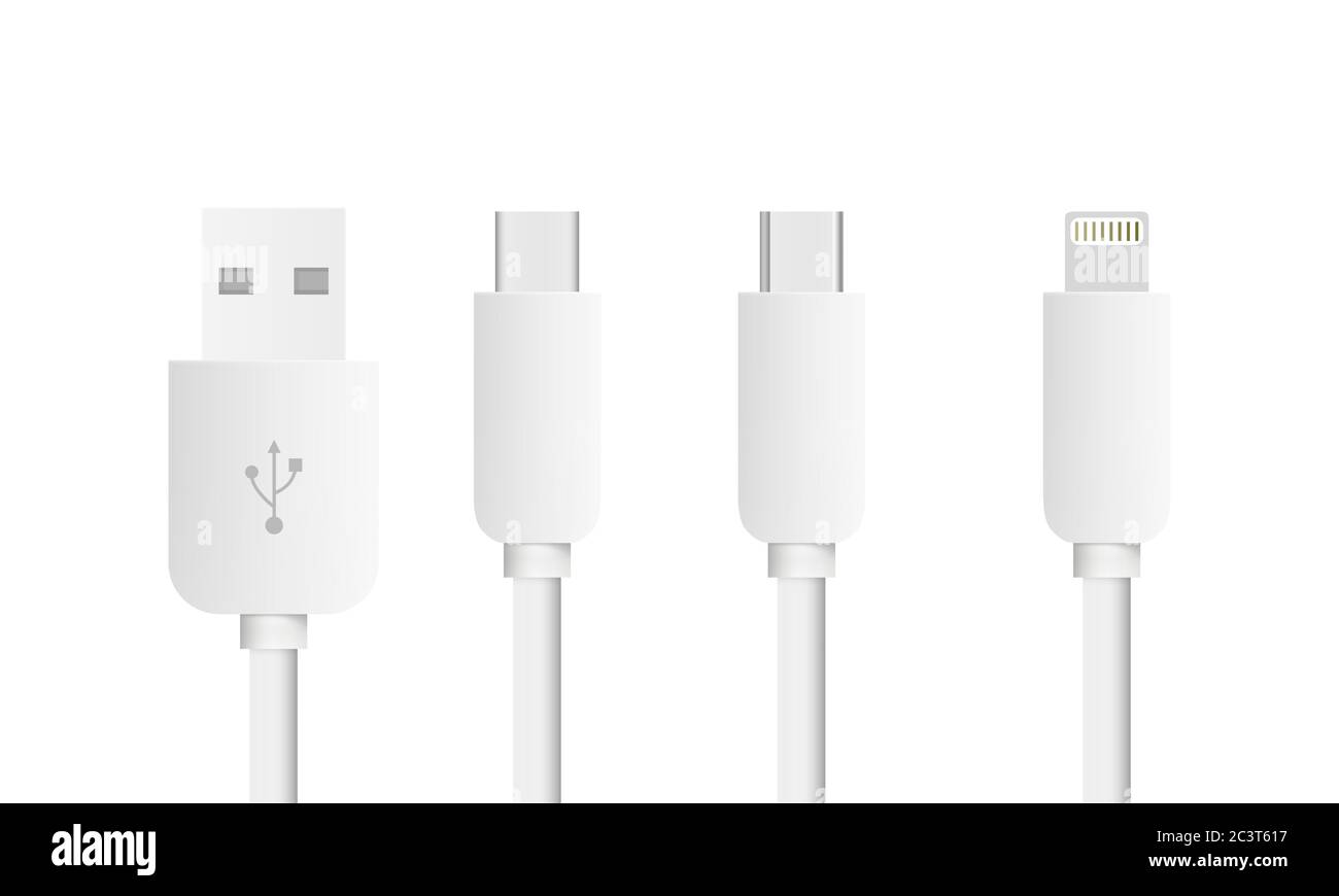 Set mit USB-Kabel Lightning, Mini-USB, Micro-USB und USB Typ C  Schnittstellen Stock-Vektorgrafik - Alamy