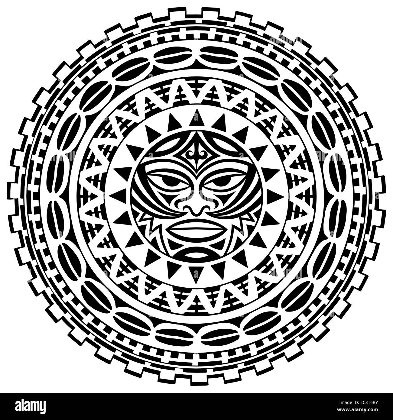 Kreisförmiges Muster in Form von Mandala mit Thunder-like Tiki ist Symbol-Maske Gottes. Traditionelle Ornamente der Maori - Moko Stil. Vintage-Dekoration Stock Vektor